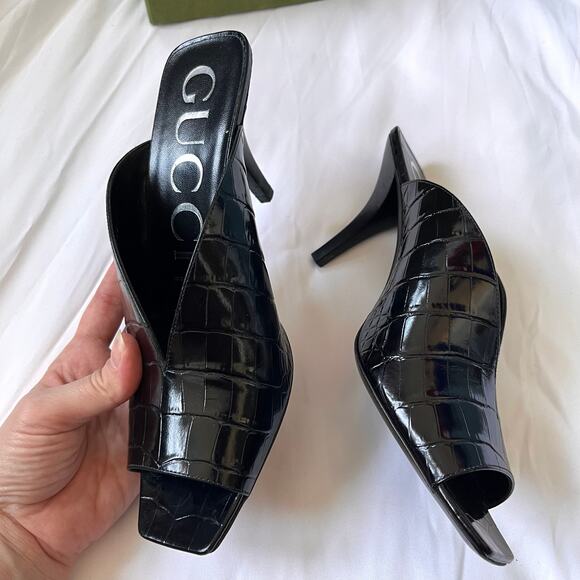 Gucci Black Leather Croc Embossed Mules Sz 39 - Picture 10 of 11